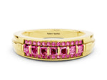 Princess Cut Pink Sapphire Bar-Set Pavé Band in Yellow gold with Grooved Edge Detailing