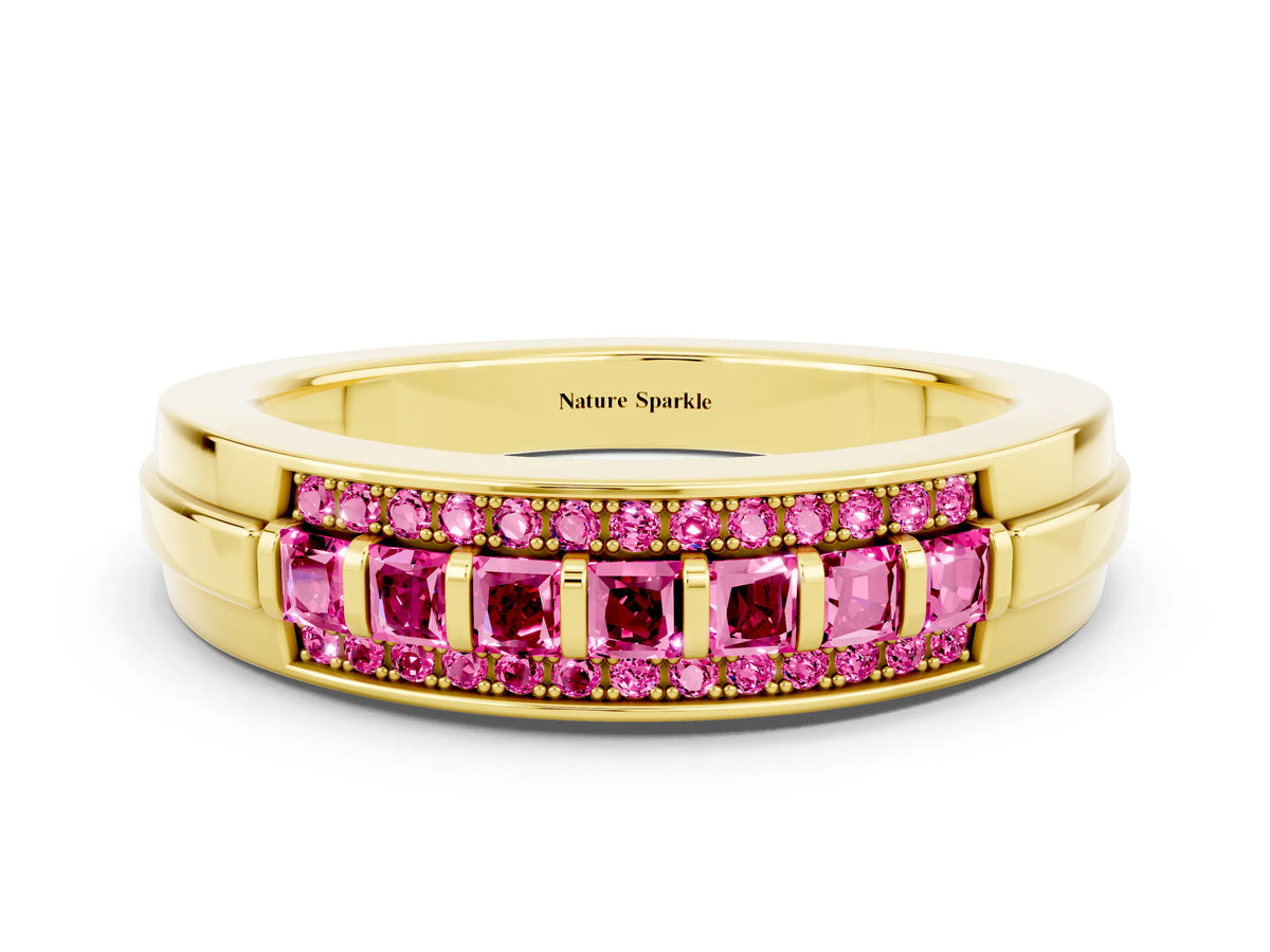 Princess Cut Pink Sapphire Bar-Set Pavé Band in Yellow gold with Grooved Edge Detailing
