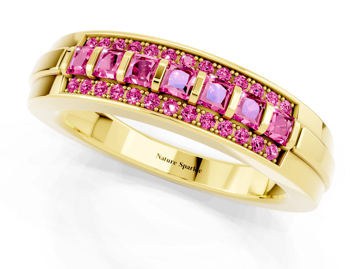 Princess Cut Pink Sapphire Bar-Set Pavé Band in Yellow gold with Grooved Edge Detailing_1