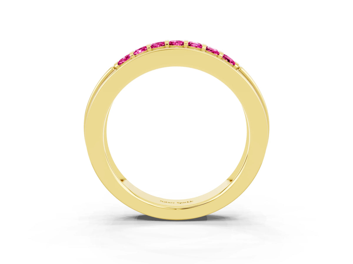 Princess Cut Pink Sapphire Bar-Set Pavé Band in Yellow gold with Grooved Edge Detailing_3