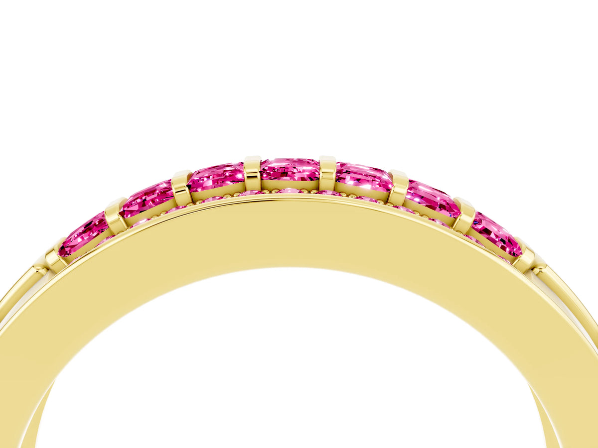 Princess Cut Pink Sapphire Bar-Set Pavé Band in Yellow gold with Grooved Edge Detailing_4