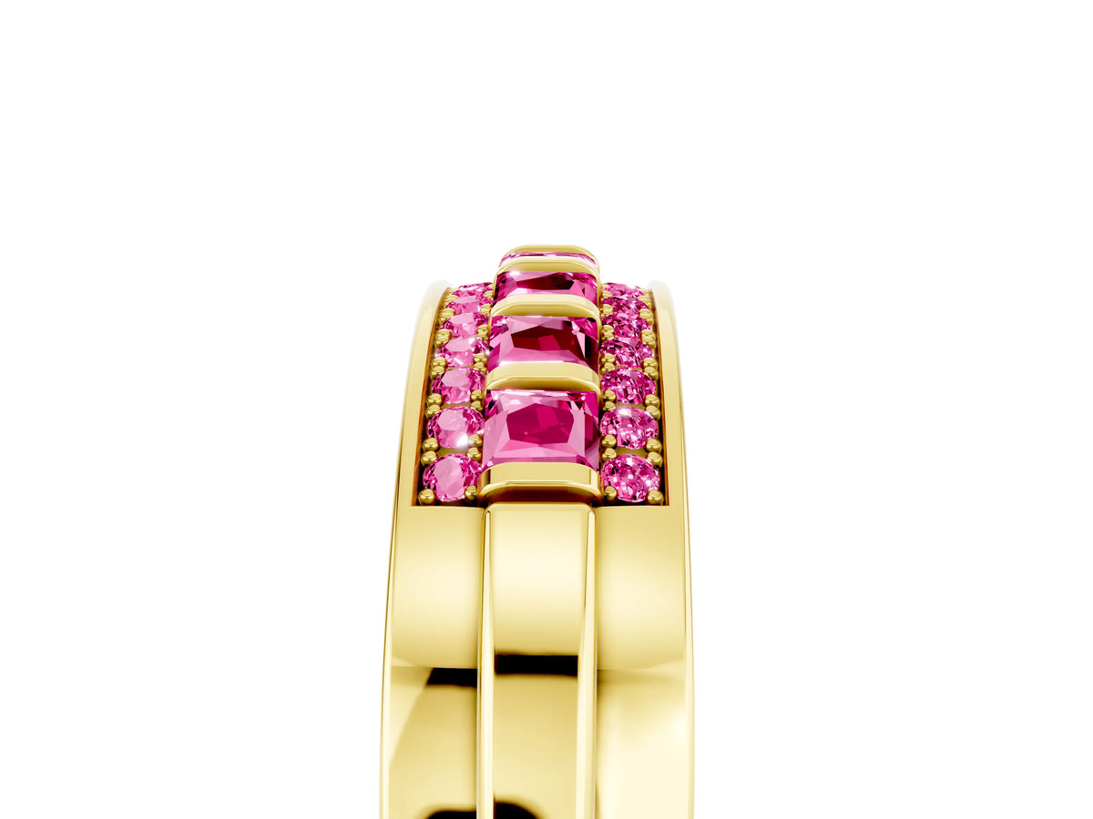 Princess Cut Pink Sapphire Bar-Set Pavé Band in Yellow gold with Grooved Edge Detailing_5