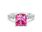 Princess Cut Pink Sapphire Pavé Solitaire Ring in White gold with Round Pavé Band and Prong Setting