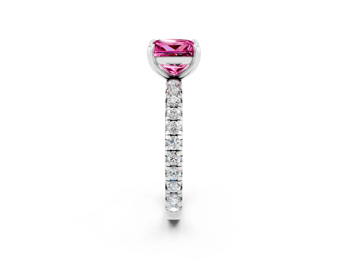 Princess Cut Pink Sapphire Pavé Solitaire Ring in White gold with Round Pavé Band and Prong Setting_2