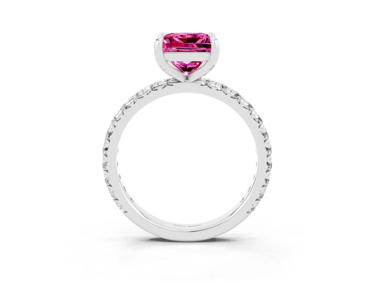 Princess Cut Pink Sapphire Pavé Solitaire Ring in White gold with Round Pavé Band and Prong Setting_3