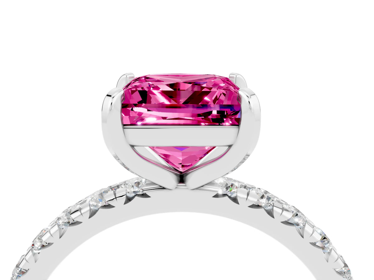 Princess Cut Pink Sapphire Pavé Solitaire Ring in White gold with Round Pavé Band and Prong Setting_4