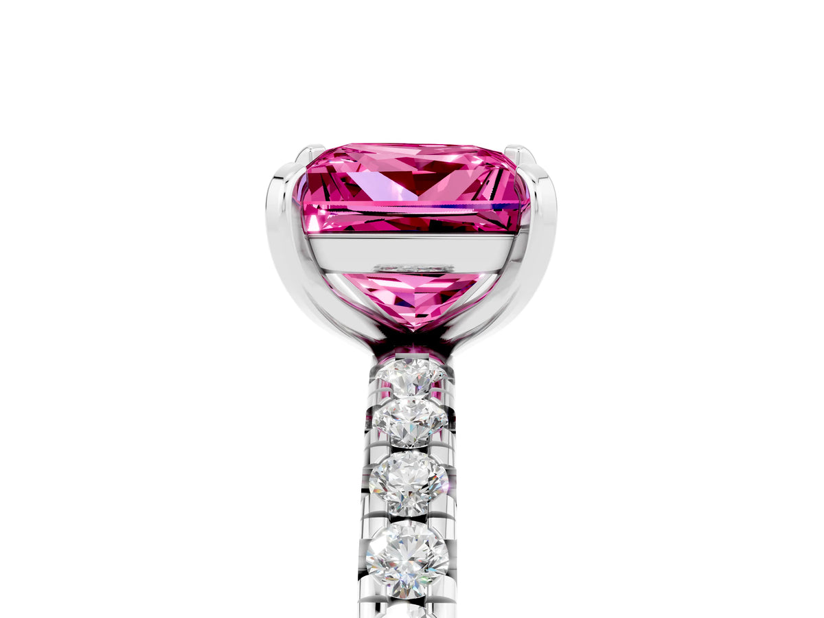 Princess Cut Pink Sapphire Pavé Solitaire Ring in White gold with Round Pavé Band and Prong Setting_5