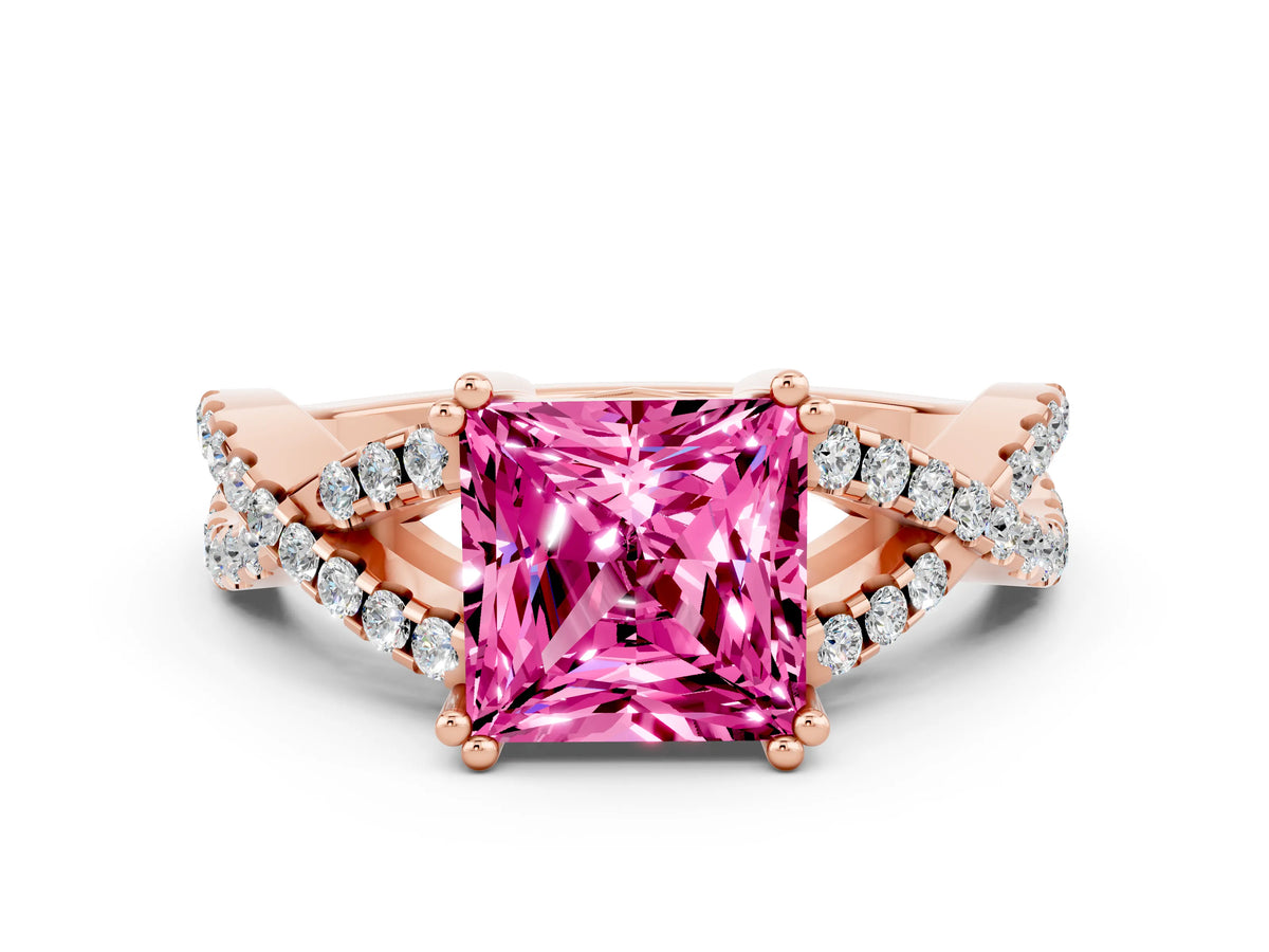 Princess Cut Pink Sapphire Solitaire Ring in Rose gold with Interwoven Pavé Band and Prong Setting