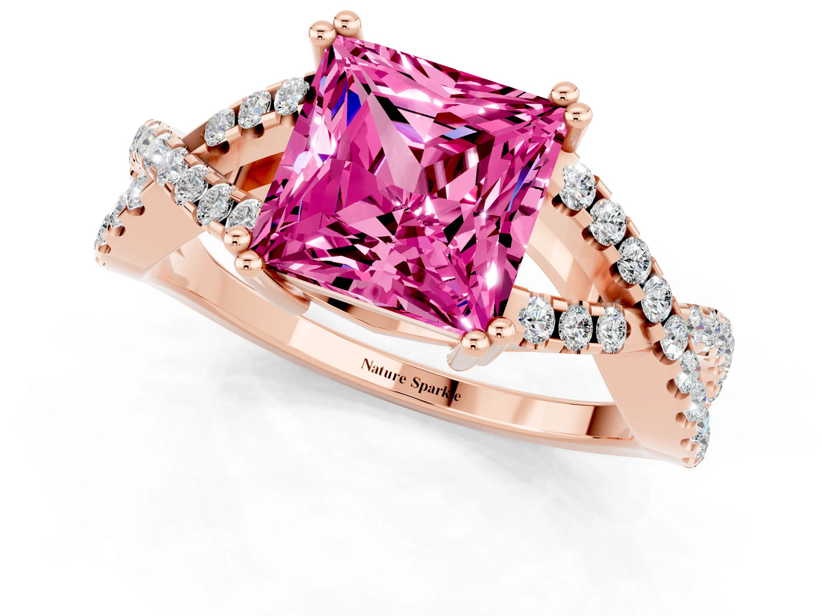 Princess Cut Pink Sapphire Solitaire Ring in Rose gold with Interwoven Pavé Band and Prong Setting_1