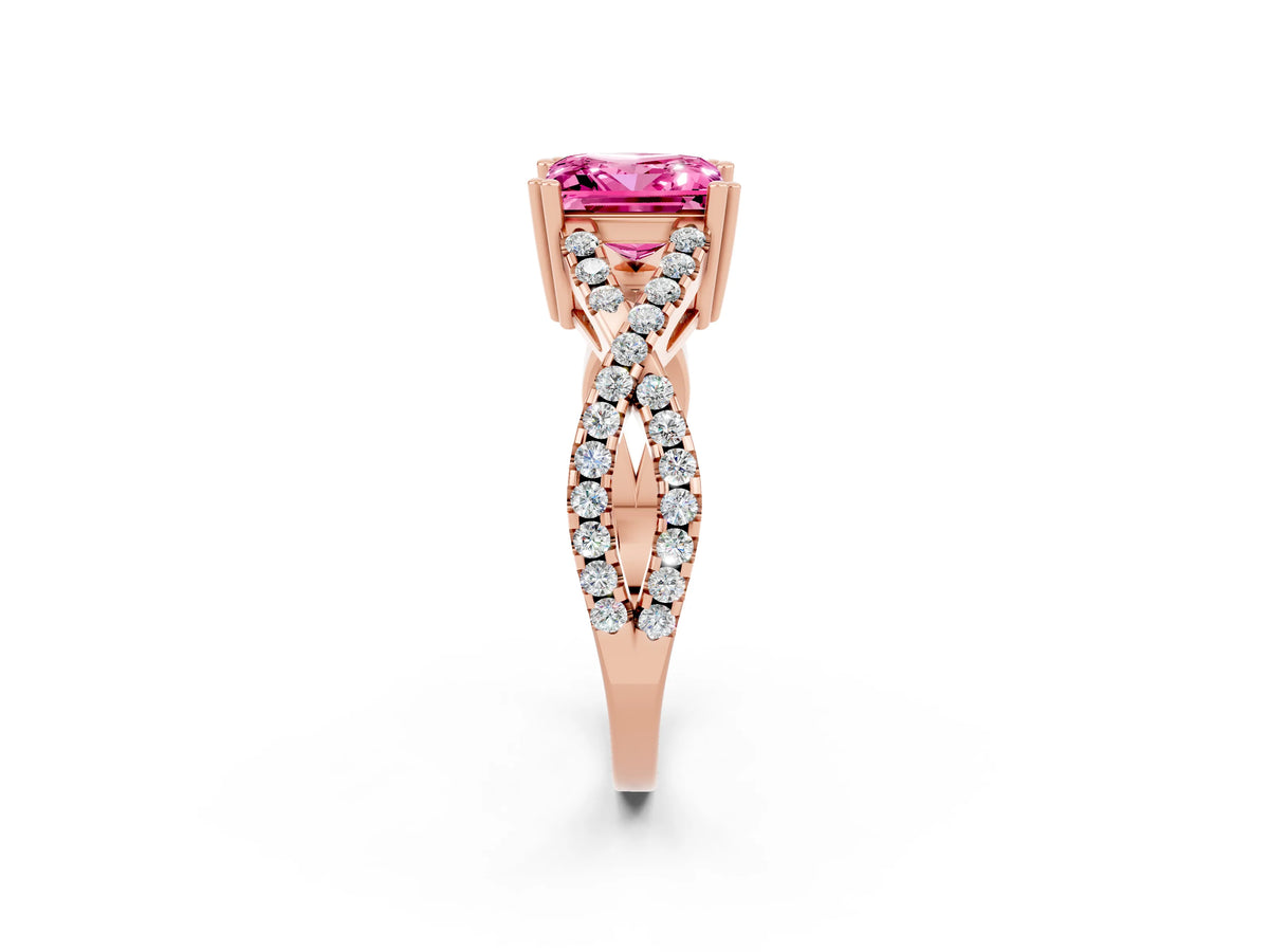 Princess Cut Pink Sapphire Solitaire Ring in Rose gold with Interwoven Pavé Band and Prong Setting_2