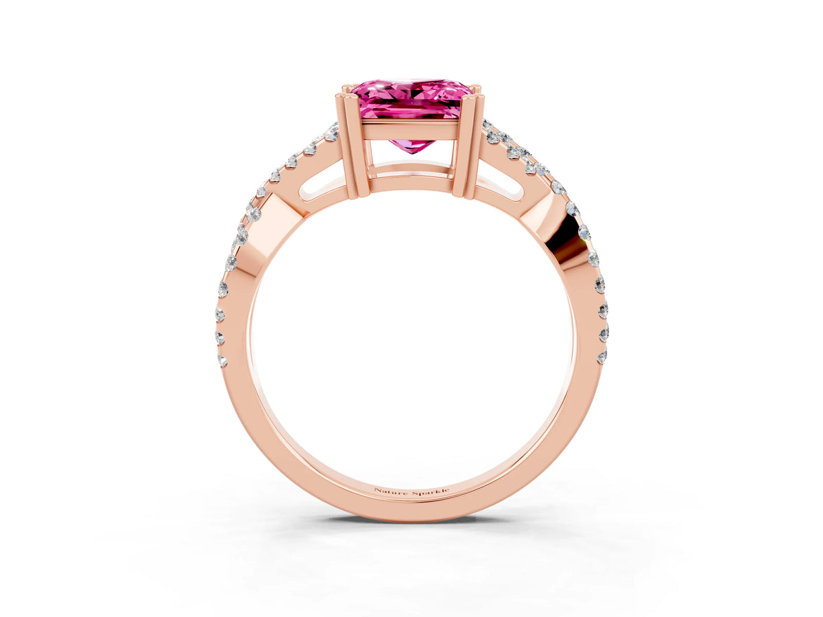 Princess Cut Pink Sapphire Solitaire Ring in Rose gold with Interwoven Pavé Band and Prong Setting_3