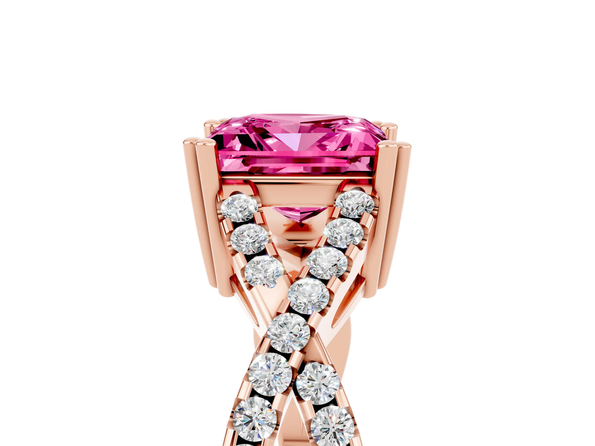 Princess Cut Pink Sapphire Solitaire Ring in Rose gold with Interwoven Pavé Band and Prong Setting_5