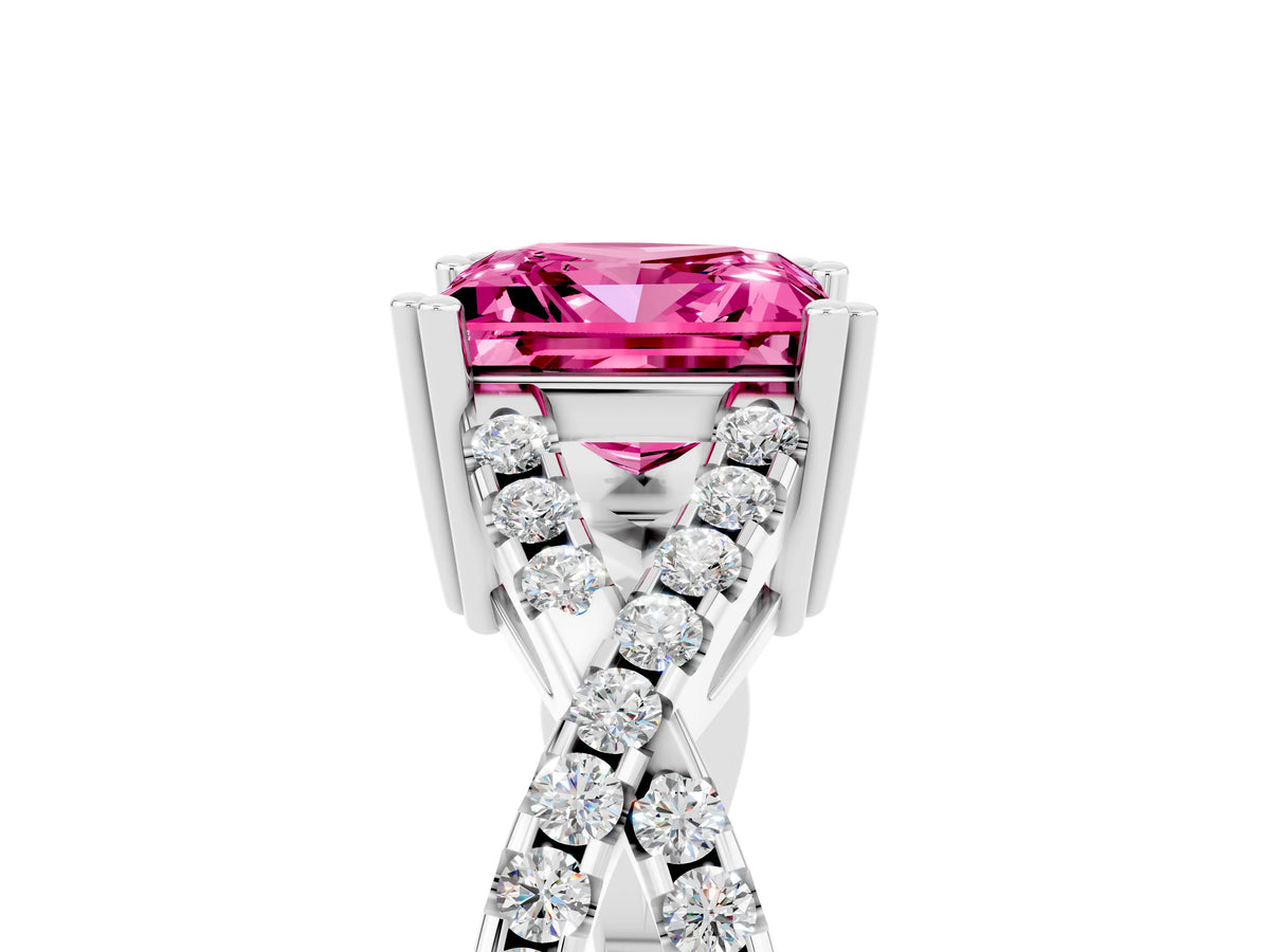 Princess Cut Pink Sapphire Solitaire Ring in Silver with Interwoven Pavé Band and Prong Setting_11