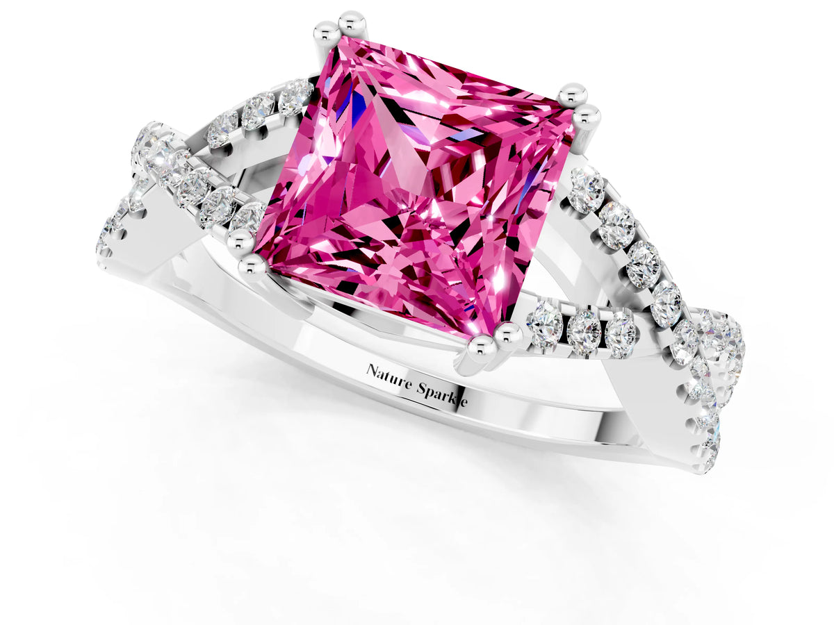 Princess Cut Pink Sapphire Solitaire Ring in Silver with Interwoven Pavé Band and Prong Setting_7
