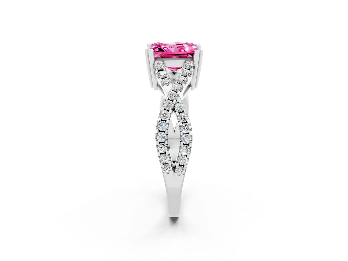 Princess Cut Pink Sapphire Solitaire Ring in Silver with Interwoven Pavé Band and Prong Setting_8
