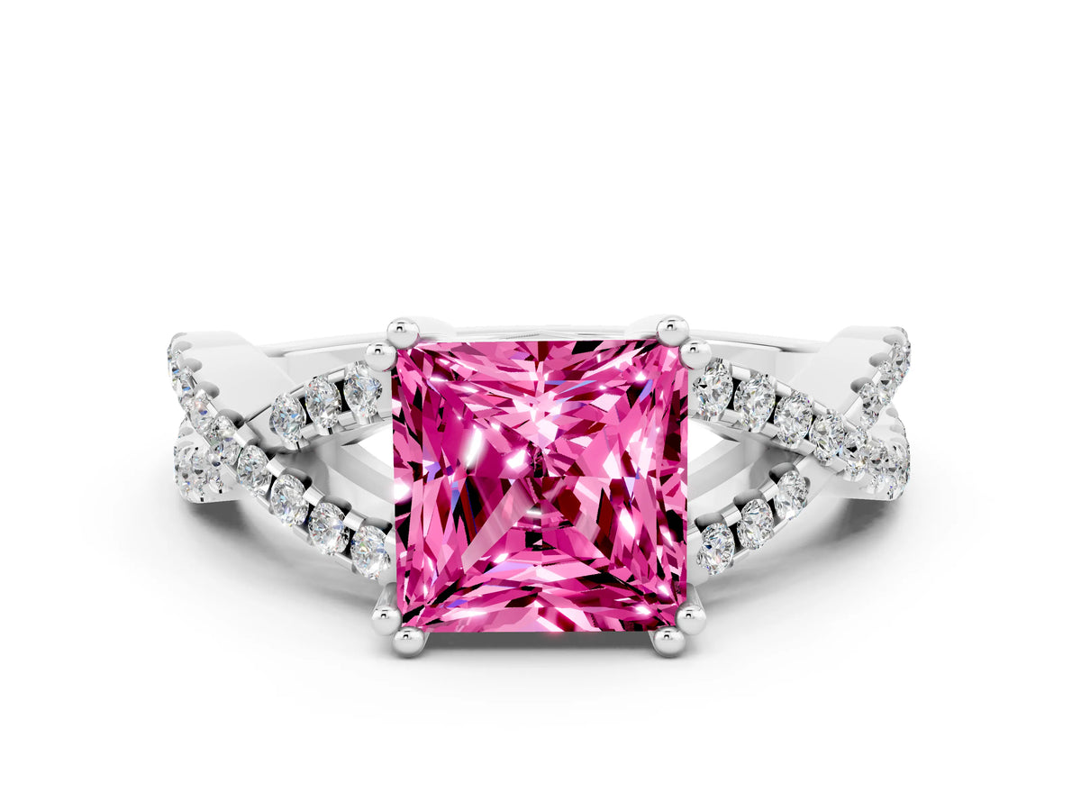 Princess Cut Pink Sapphire Solitaire Ring in White gold with Interwoven Pavé Band and Prong Setting