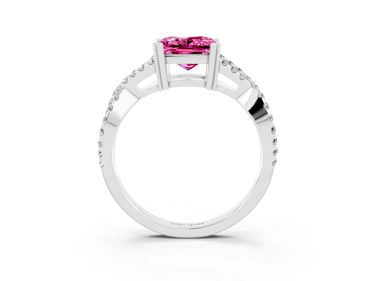 Princess Cut Pink Sapphire Solitaire Ring in White gold with Interwoven Pavé Band and Prong Setting_3
