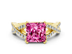 Princess Cut Pink Sapphire Solitaire Ring in Yellow gold with Interwoven Pavé Band and Prong Setting
