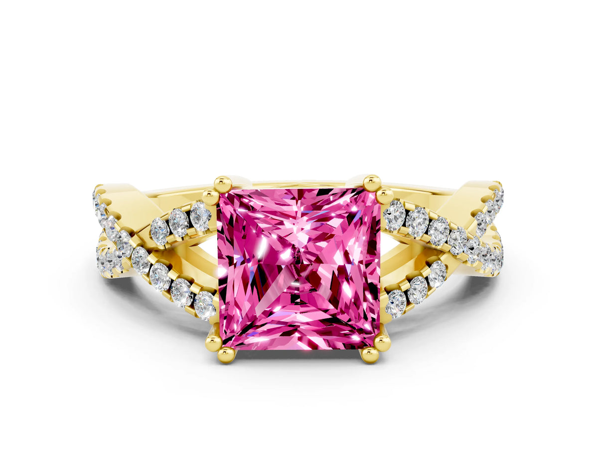 Princess Cut Pink Sapphire Solitaire Ring in Yellow gold with Interwoven Pavé Band and Prong Setting