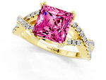 Princess Cut Pink Sapphire Solitaire Ring in Yellow gold with Interwoven Pavé Band and Prong Setting_1
