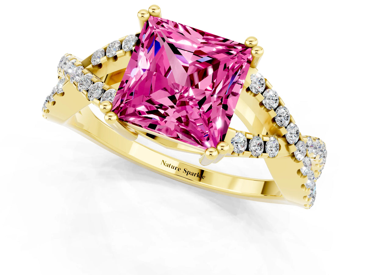 Princess Cut Pink Sapphire Solitaire Ring in Yellow gold with Interwoven Pavé Band and Prong Setting_1