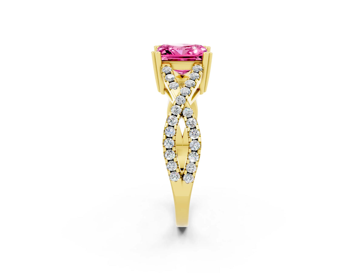 Princess Cut Pink Sapphire Solitaire Ring in Yellow gold with Interwoven Pavé Band and Prong Setting_2