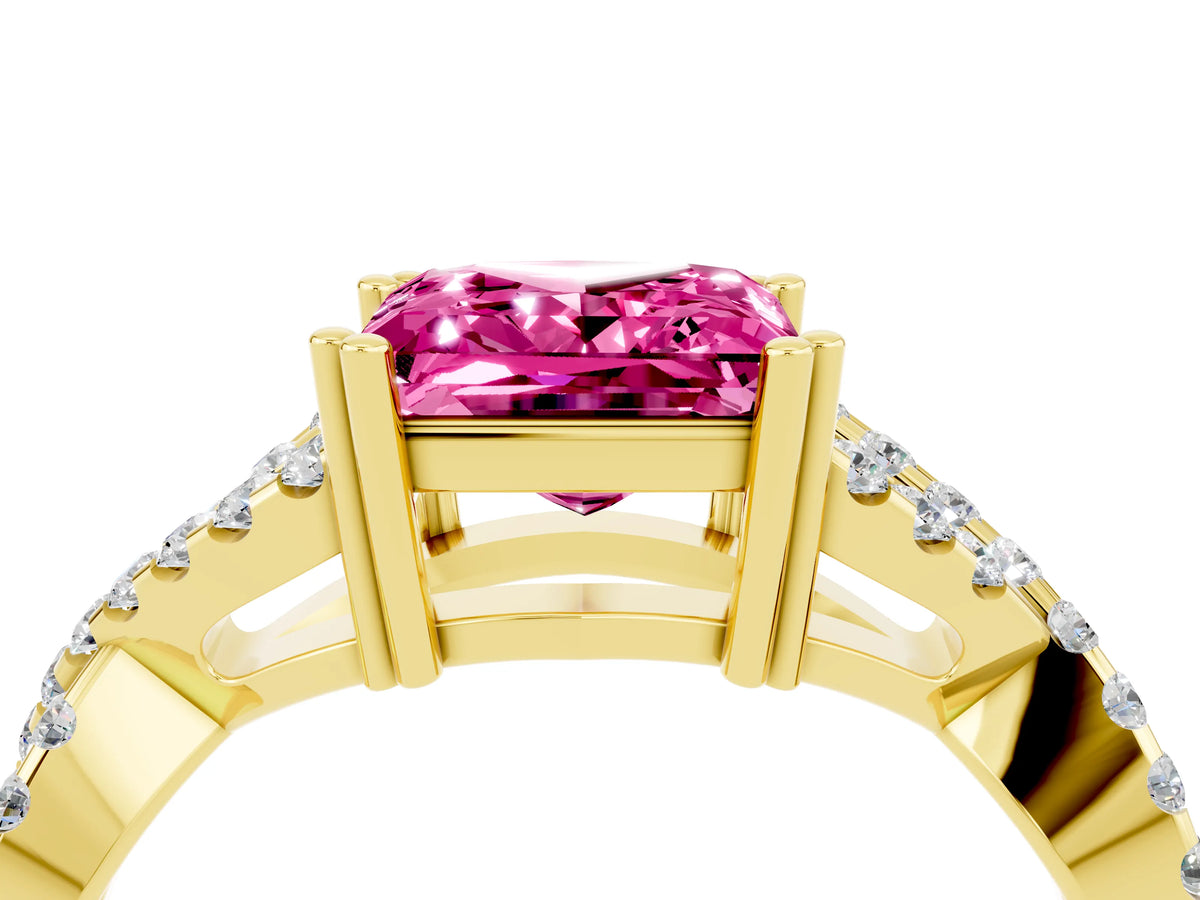 Princess Cut Pink Sapphire Solitaire Ring in Yellow gold with Interwoven Pavé Band and Prong Setting_4