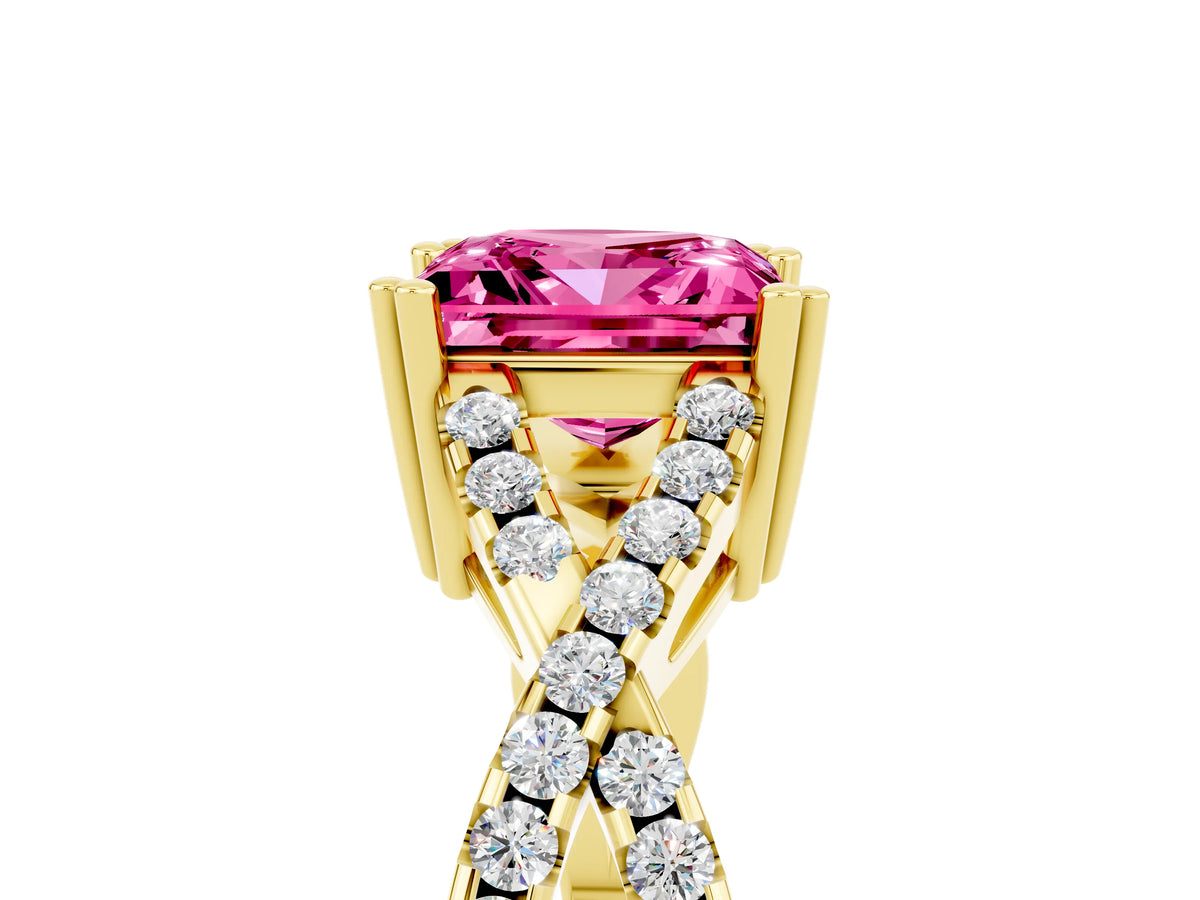 Princess Cut Pink Sapphire Solitaire Ring in Yellow gold with Interwoven Pavé Band and Prong Setting_5