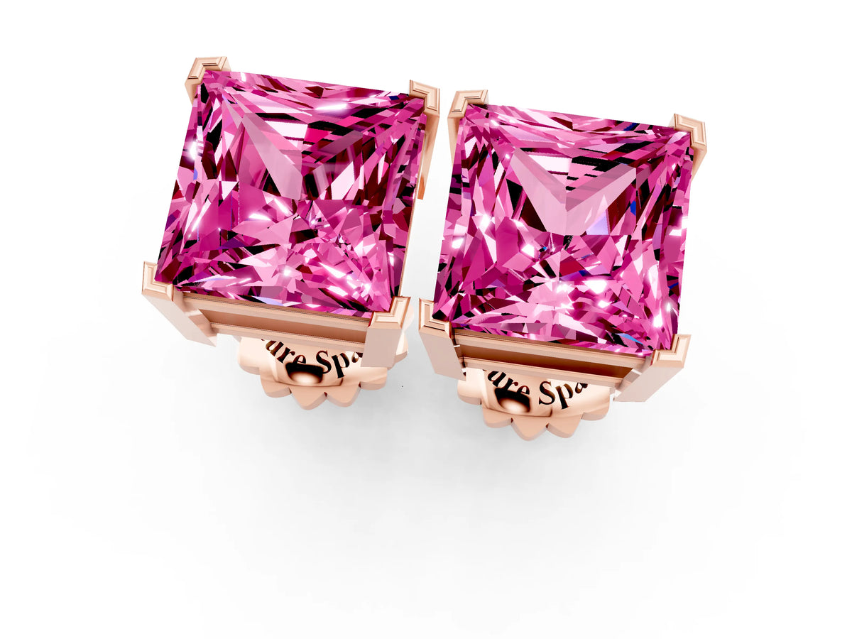 Princess Cut Pink Sapphire Stud Earrings in Rose gold with Basket Setting_1