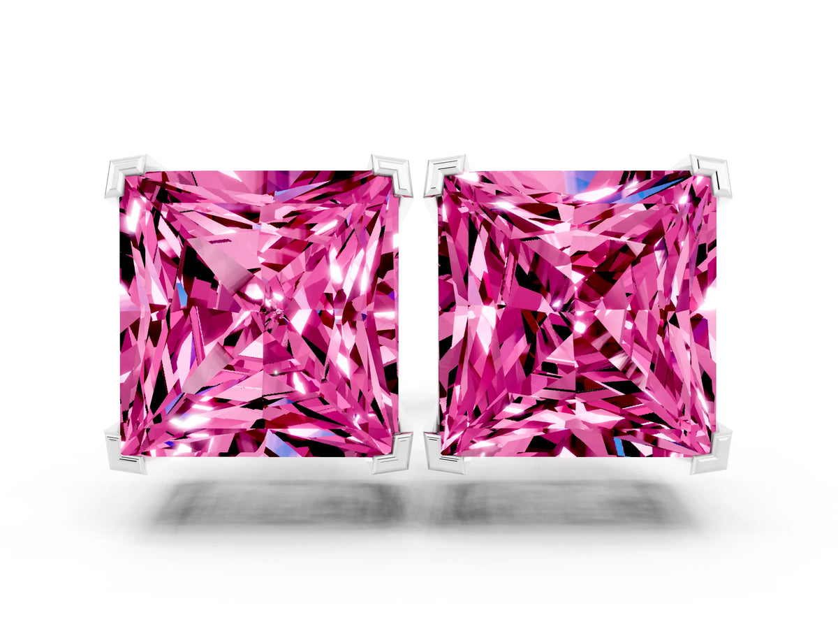 Princess Cut Pink Sapphire Stud Earrings in White gold with Basket Setting