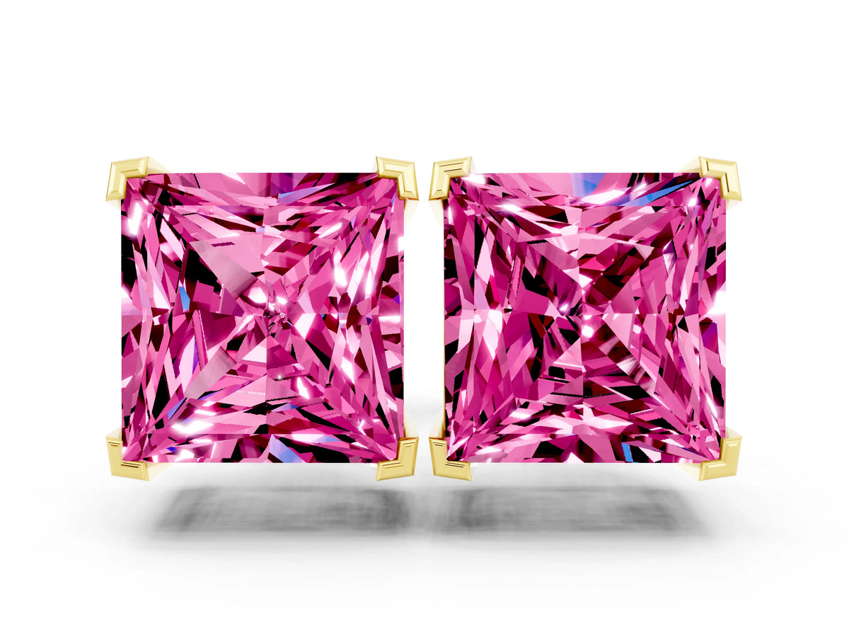 Princess Cut Pink Sapphire Stud Earrings in Yellow gold with Basket Setting
