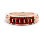 Princess Cut Ruby Bar-Set Pavé Band in Rose gold with Grooved Edge Detailing