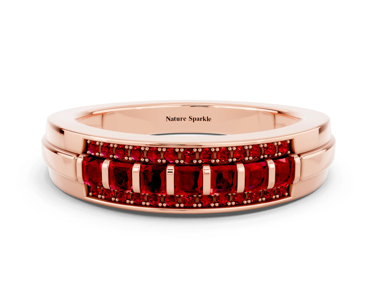 Princess Cut Ruby Bar-Set Pavé Band in Rose gold with Grooved Edge Detailing