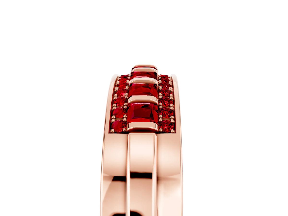 Princess Cut Ruby Bar-Set Pavé Band in Rose gold with Grooved Edge Detailing_5