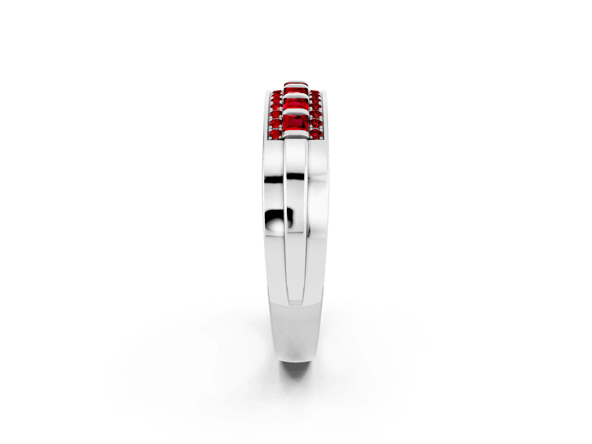 Princess Cut Ruby Bar-Set Pavé Band in Silver with Grooved Edge Detailing_2