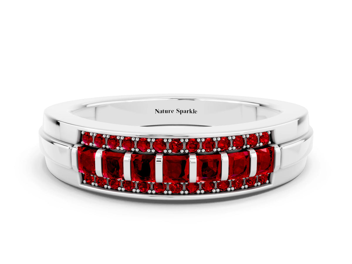 Princess Cut Ruby Bar-Set Pavé Band in White gold with Grooved Edge Detailing