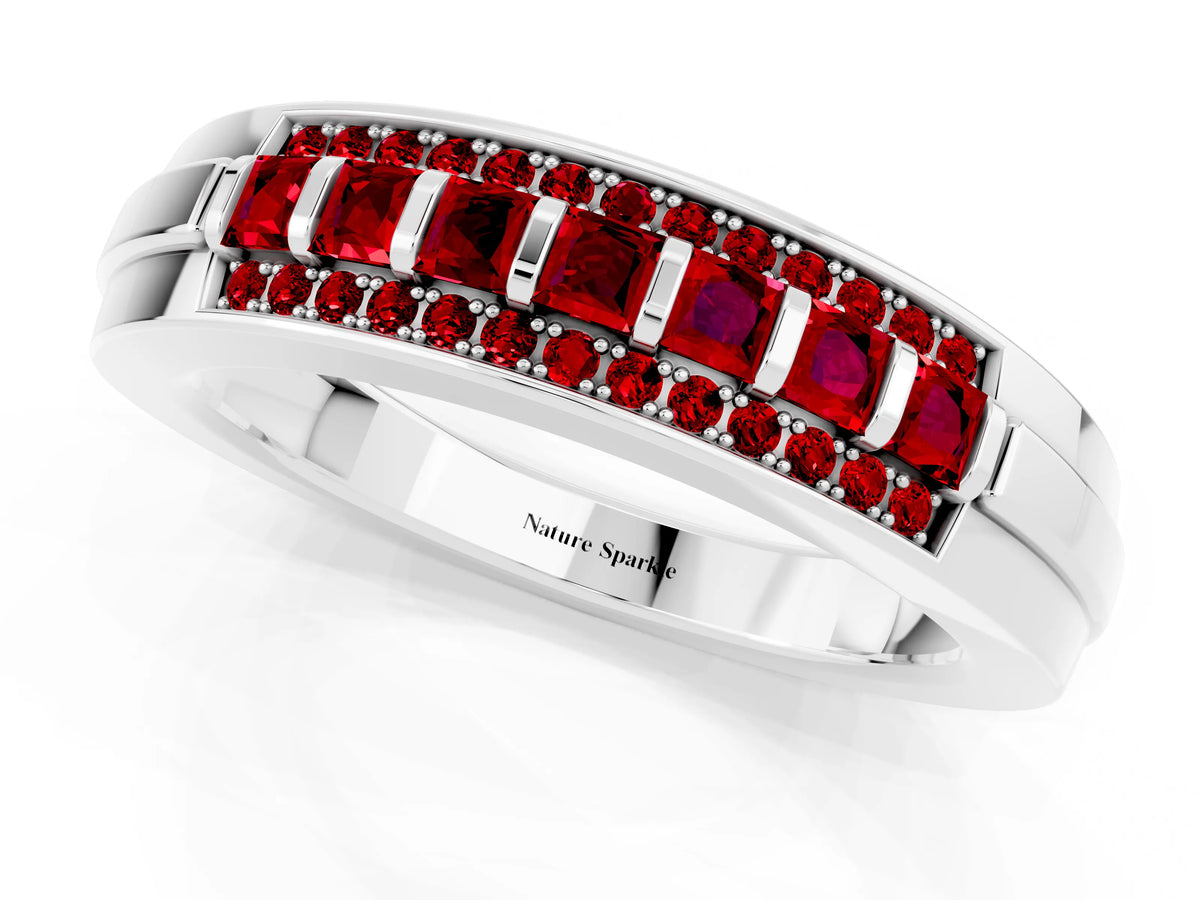 Princess Cut Ruby Bar-Set Pavé Band in White gold with Grooved Edge Detailing_1