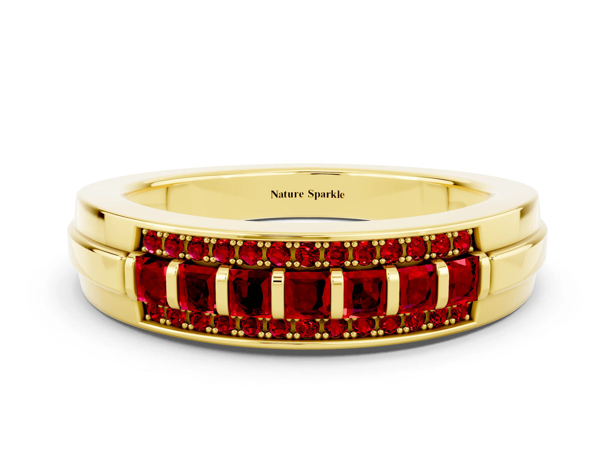 Princess Cut Ruby Bar-Set Pavé Band in Yellow gold with Grooved Edge Detailing