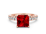 Princess Cut Ruby Pavé Solitaire Ring in Rose gold with Round Pavé Band and Prong Setting