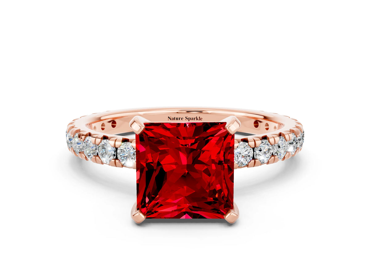 Princess Cut Ruby Pavé Solitaire Ring in Rose gold with Round Pavé Band and Prong Setting