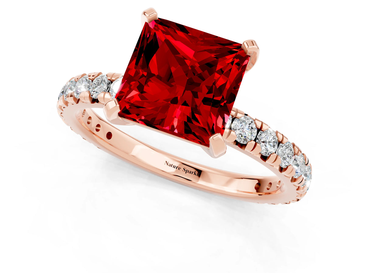 Princess Cut Ruby Pavé Solitaire Ring in Rose gold with Round Pavé Band and Prong Setting_1