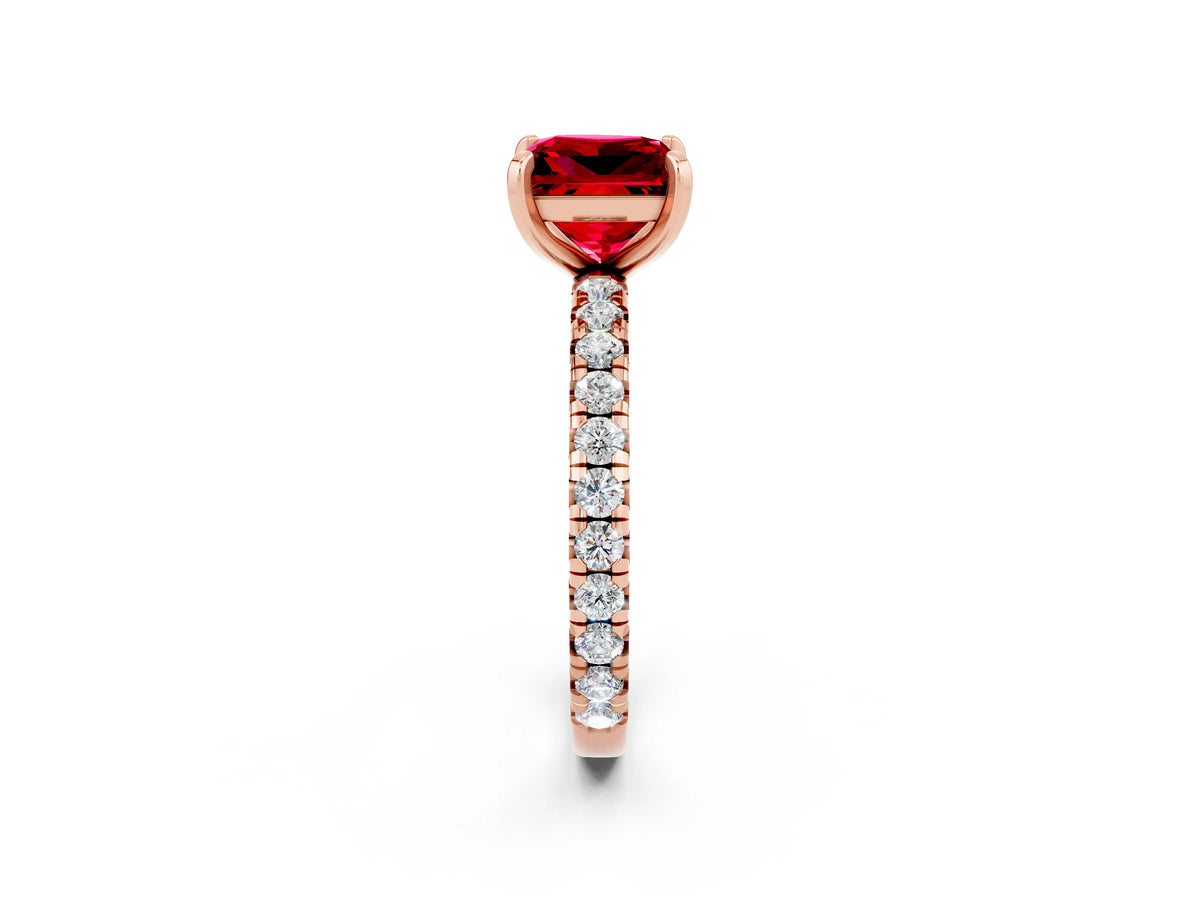 Princess Cut Ruby Pavé Solitaire Ring in Rose gold with Round Pavé Band and Prong Setting_2
