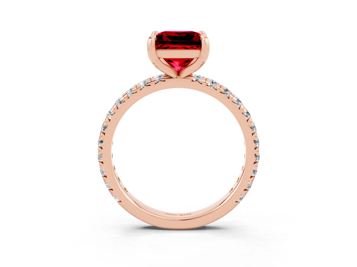 Princess Cut Ruby Pavé Solitaire Ring in Rose gold with Round Pavé Band and Prong Setting_3