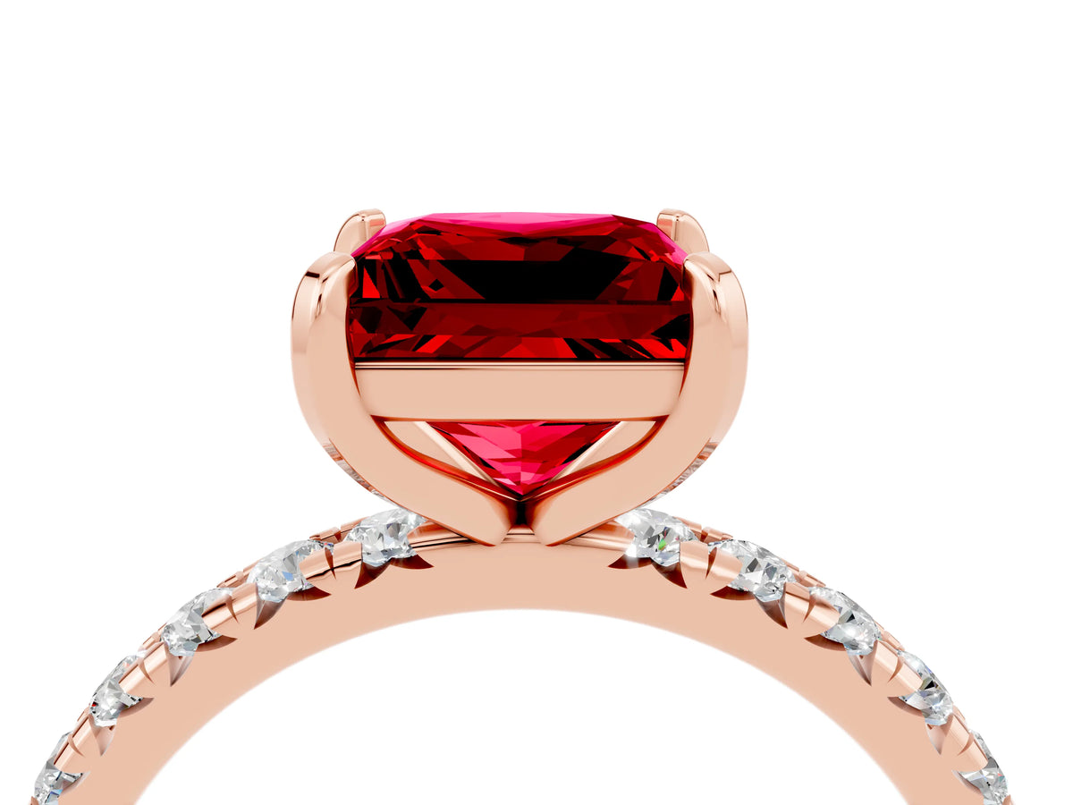 Princess Cut Ruby Pavé Solitaire Ring in Rose gold with Round Pavé Band and Prong Setting_4