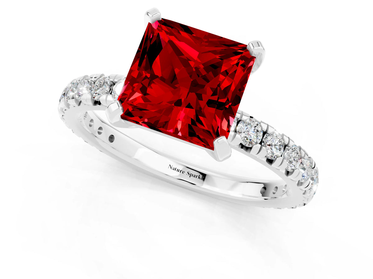 Princess Cut Ruby Pavé Solitaire Ring in Silver with Round Pavé Band and Prong Setting_1