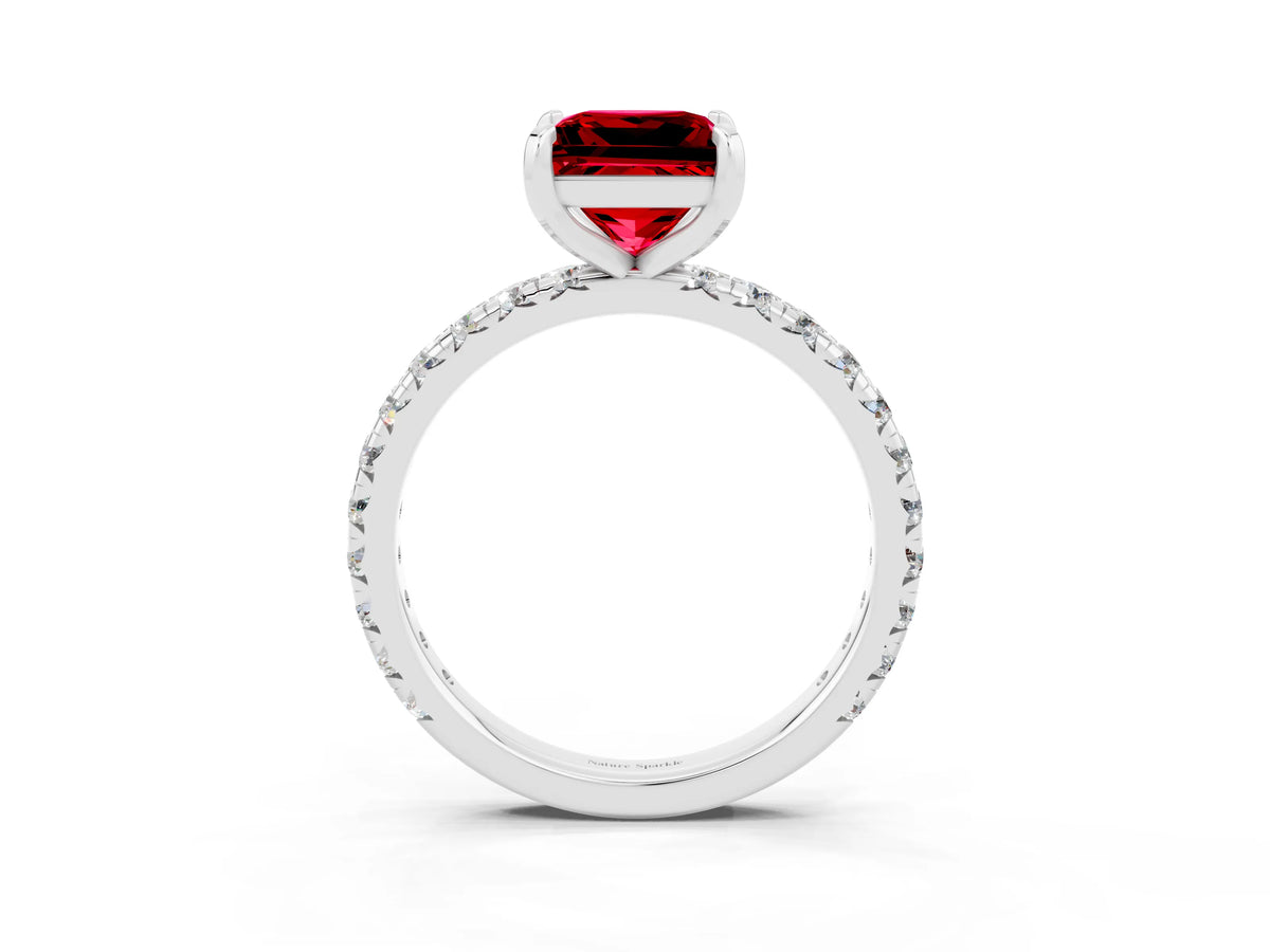 Princess Cut Ruby Pavé Solitaire Ring in Silver with Round Pavé Band and Prong Setting_3
