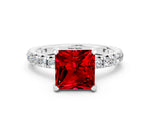 Princess Cut Ruby Pavé Solitaire Ring in White gold with Round Pavé Band and Prong Setting