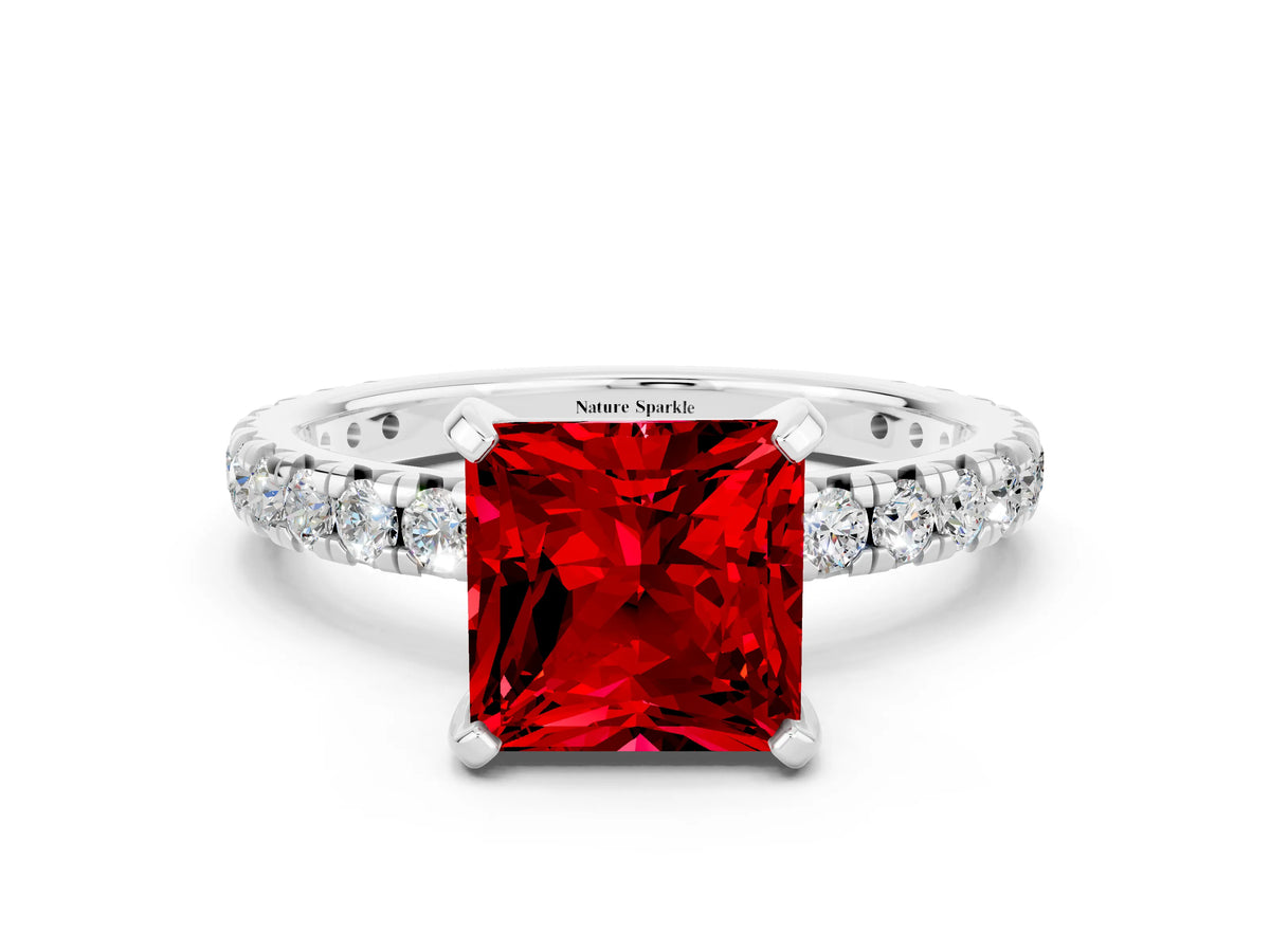 Princess Cut Ruby Pavé Solitaire Ring in White gold with Round Pavé Band and Prong Setting