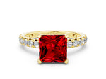 Princess Cut Ruby Pavé Solitaire Ring in Yellow gold with Round Pavé Band and Prong Setting