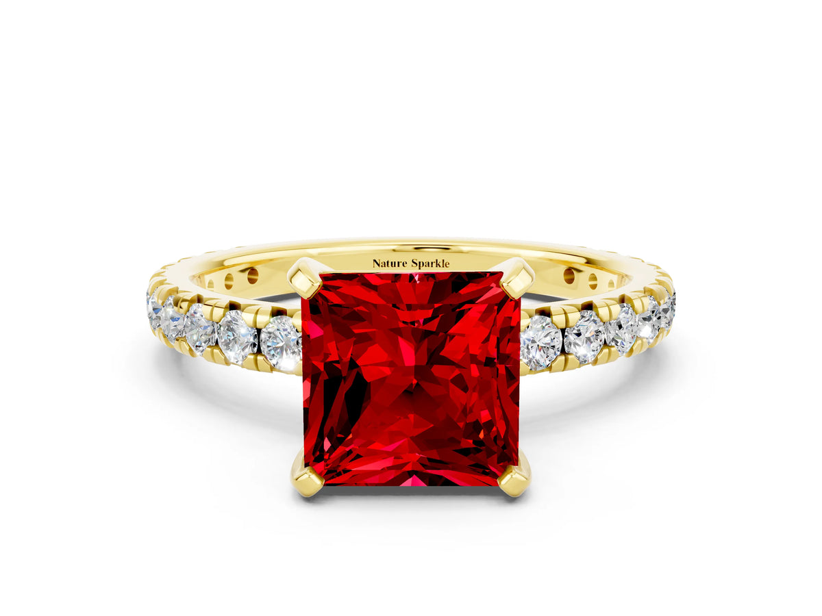 Princess Cut Ruby Pavé Solitaire Ring in Yellow gold with Round Pavé Band and Prong Setting